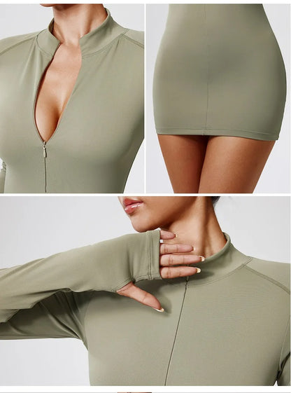 Fermuarlı Uzun Kollu Bodysuit - Fitness