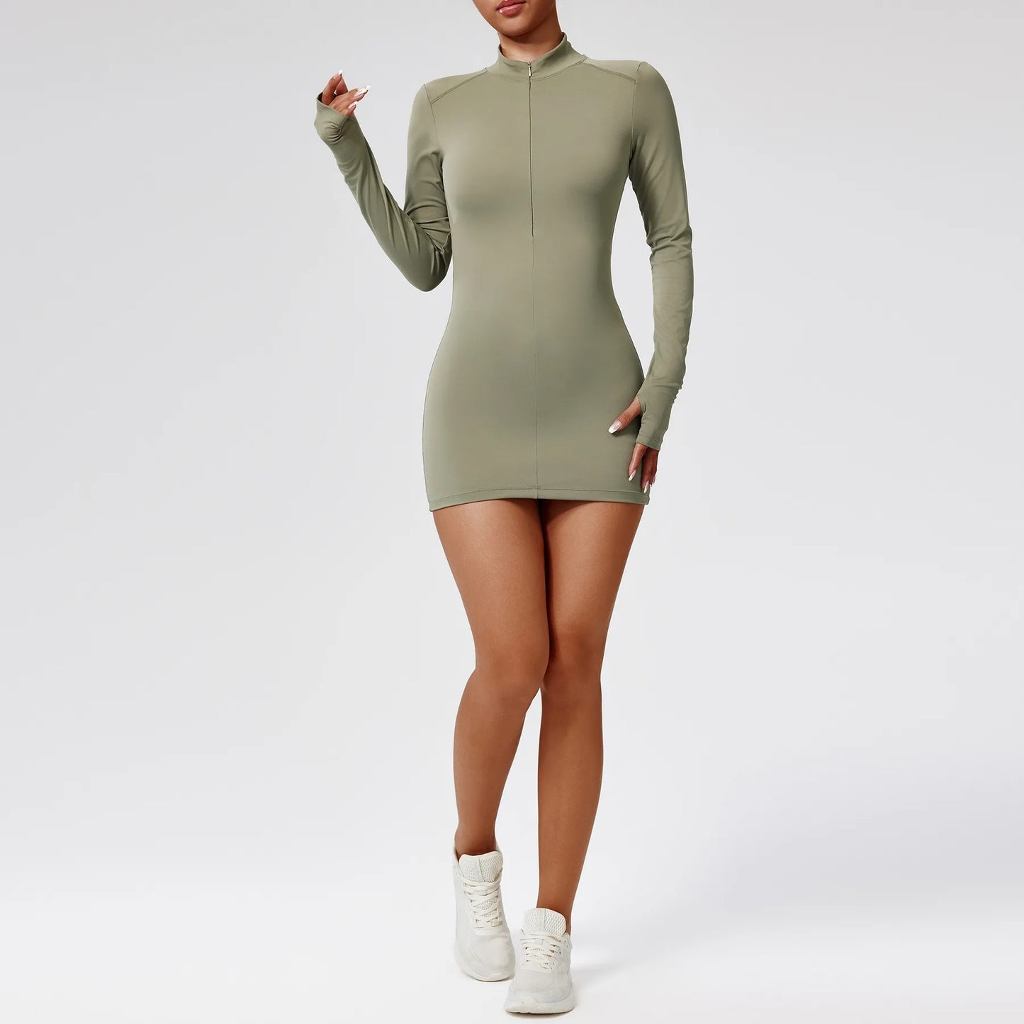 Fermuarlı Uzun Kollu Bodysuit - Fitness